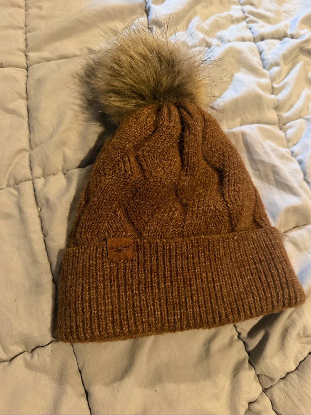 Kids Cable Knit Pom Beanie in Brown